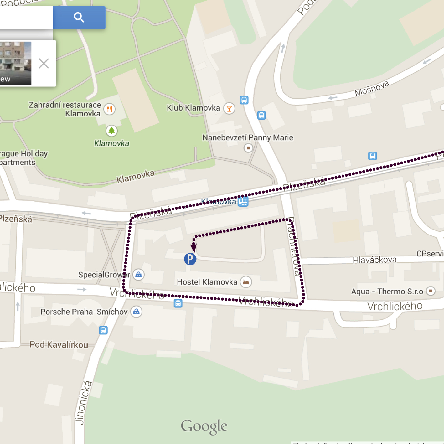 Mapa Z centra po Plzeňské ulici